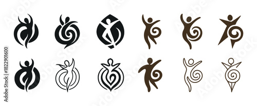 Abstract dance logos: spirals and human silhouettes in black and brown