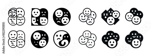 Diverse expressions: happy, sad, anger, calm faces in abstract black and white design