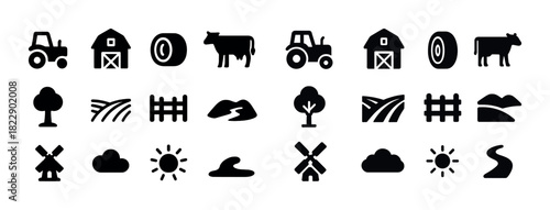 Farm and nature icons: tractor, barn, cow, windmill, sun, clouds, hills, trees, fence