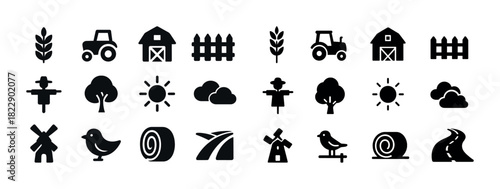 Farm icons set: tractor, barn, windmill, sun, tree, bird, road