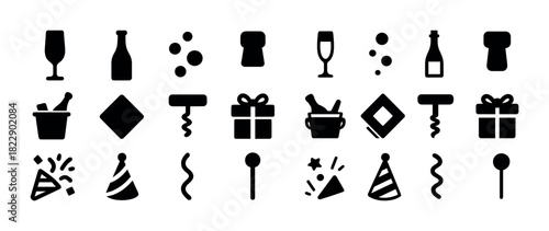 Celebration icon set: wine, gift, party hat, confetti symbols