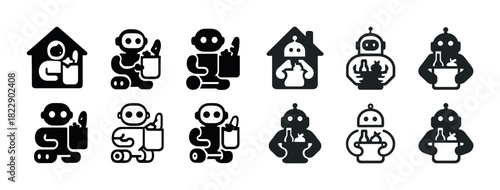 Robots enjoying hot beverages in various outfits and settings