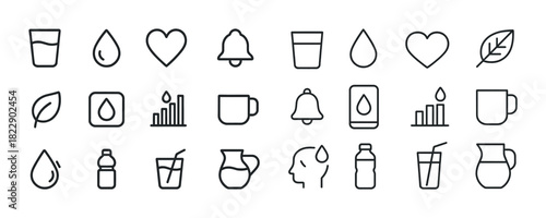 Minimalist icons for water, beverage, and nature themes in simple line art style