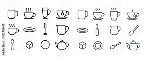 Set of minimalist outline tea and coffee icons including cups and utensils