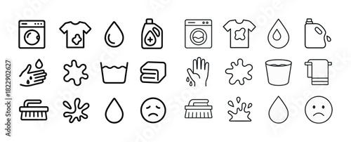 Laundry icons set: stains, washing machines, detergents, cleaning tools, water drops