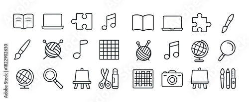 Collection of art and music icons: book, laptop, puzzle, music note, yarn, paintbrush