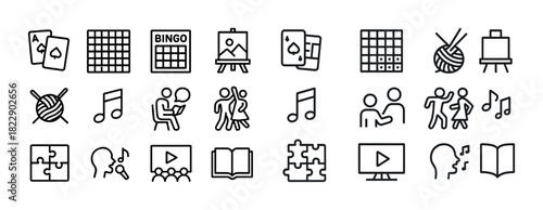 Icon set: games, music, art, dance, reading, and puzzles