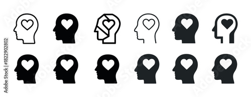 Silhouette human heads with heart symbols in varied styles