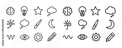 Set of creative icons: brain, lightbulb, star, cloud, eye, gear, pencil, brush, moon