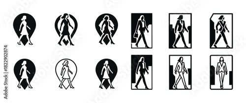 Silhouette illustrations of walking female figures in various frames