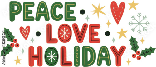 Christmas peace love holiday cute lettering. Christmas greetings calligraphic lettering set. Handwriting for cards, gift tags, photo overlays
