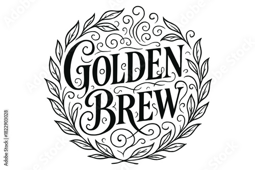 Golden Brew Elegance. Golden Brew ? Flourish Lettering with gentle swashes and fine curls around tall serif