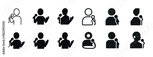 Diverse microphone icons set: various poses and styles in black and white