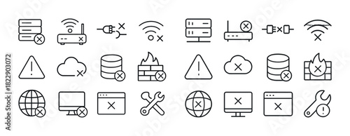 Network connection and security error icons in linear style