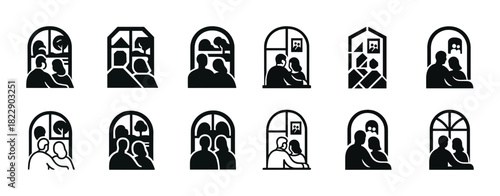 Silhouettes of couples by windows: architectural variants and views