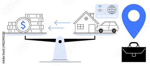 Scales balancing money and assets house, car, symbols for connectivity, suitcase, and location pin. Ideal for finance, mortgages, decision-making, investments real estate lifestyle simple flat