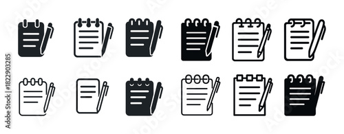 Set of notepad and pen icons in various styles
