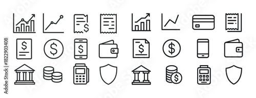 Financial icons set: graphs, wallets, and banking symbols