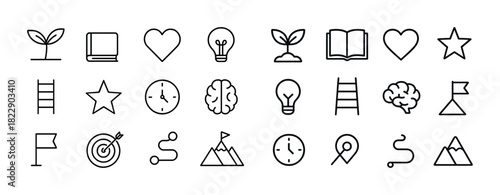 Minimalist icon set including nature, books, hearts, and clocks