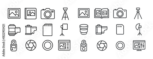 Minimalist camera and photography icon set featuring various equipment
