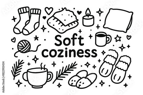 Cozy Doodle Compilation. Soft coziness. Hand-drawn doodle illustration of soft coziness. Socks, fluffy blanket