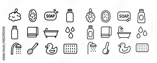 Minimalist icons: soap, shower, bath, rubber duck, towel collection