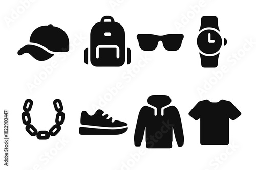 Streetwear Icon Set. Streetwear Accessories. Filled icon set of Streetwear Accessories: cap, backpack,