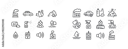 Minimalist black and white icons representing pollution and environmental issues