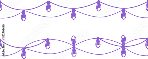 Seamless border Christmas holiday lights. Repeating pattern line art coloring light bulbs garland for Christmas holiday cards, banners, footer, header, menu. Vector illustration black on white.	