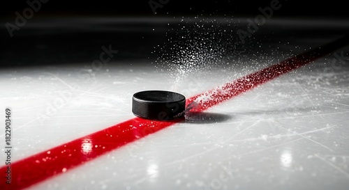 On the Brink of Action: An up-close view of a hockey puck rests poised on the ice, along a vivid red line, suggesting the thrill and intensity of the game is about to begin.