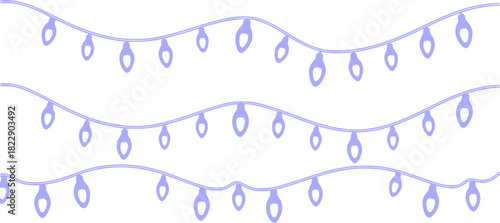 Seamless border Christmas holiday lights. Repeating pattern line art coloring light bulbs garland for Christmas holiday cards, banners, footer, header, menu. Vector illustration black on white.	