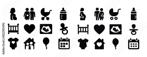 Baby and family icons: stroller, pacifier, crib, heart, pregnant woman, ultrasound