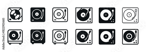 Set of eleven vinyl turntable icons in black and white