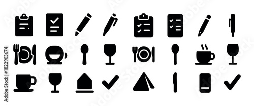 Collection of restaurant and office icon symbols in black silhouettes