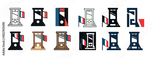 Stylized guillotine icons with french flags in varied designs and colors