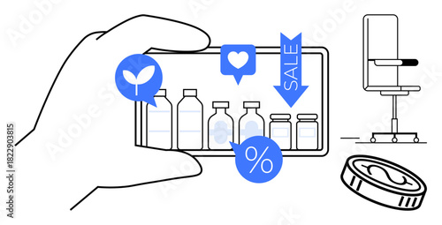 Hand holding smartphone displaying wellness product jars with eco-friendly and discount tags. Social interaction and analytics icons. Ideal for e-commerce, health, branding, shopping, online