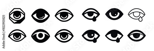 Abstract eye icon set with various expressions and geometric shapes