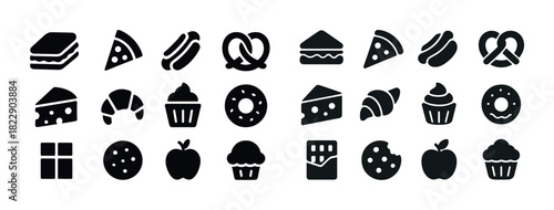 Collection of black food icons: sandwich, pizza, pretzel, cake, donut