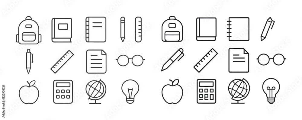 Naklejka premium Collection of school supplies icons: backpacks, books, pencils, rulers, calculators, globes, apples, and glasses