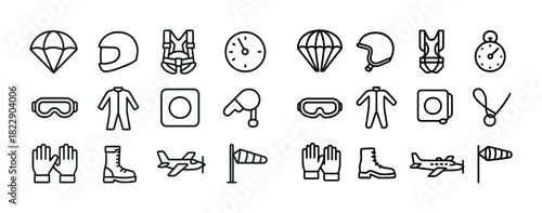 Skydiving equipment icons: parachute, helmet, harness, goggles, stopwatch