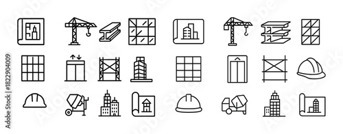 Construction icons: cranes, hardhats, buildings, and elevators