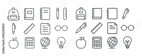 Collection of school supplies icons: backpacks, books, pencils, rulers, calculators, globes, apples, and glasses