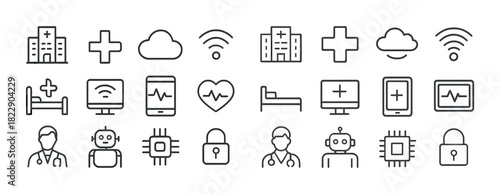 Healthcare technology icons set: hospital, cloud, wi-fi, doctor, robot