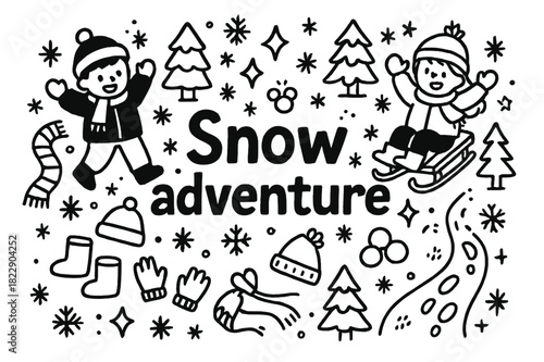 Snow Adventure Doodle. Snow adventure. Hand-drawn doodle illustration of snow adventure. Children, snowflakes,