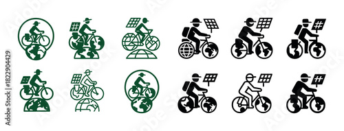 Icon set of cyclists with solar panels and earth symbols