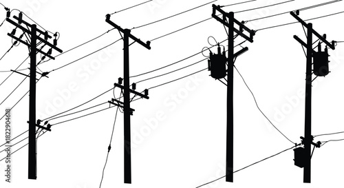 Electric utility poles with power lines and transformers silhouette, industrial energy distribution infrastructure, black and white illustration for rural electricity concept