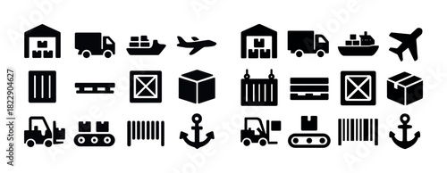 Logistics and shipping icons set: warehouse, cargo, transport, airplane