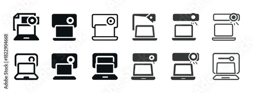 Set of 10 simple black and white video conferencing icons