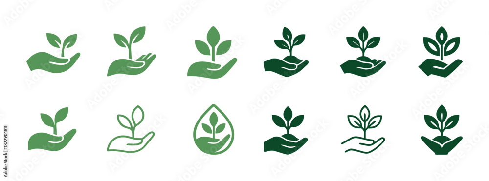 Fototapeta premium Set of green plant icons in hands representing growth and nature conservation