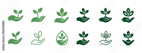 Set of green plant icons in hands representing growth and nature conservation